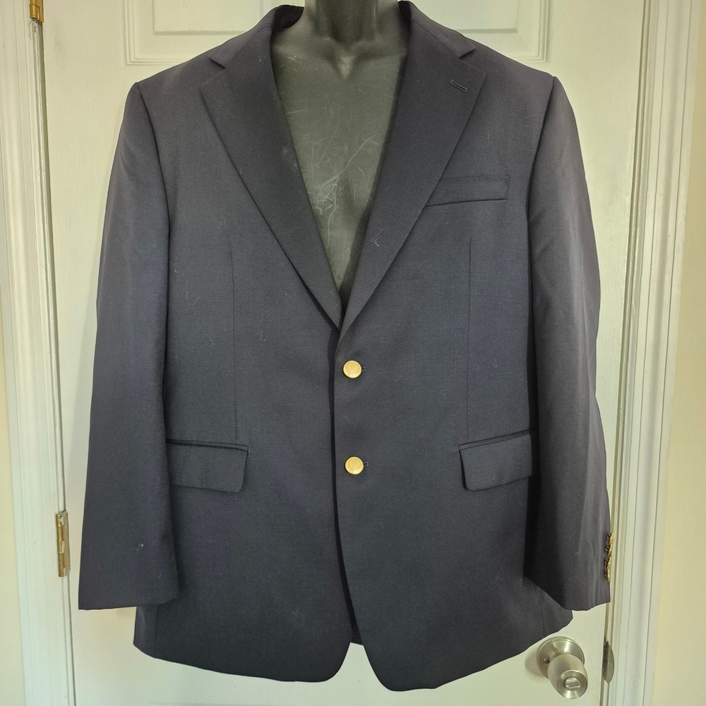 Chaps Mens Navy Blue 100% Wool 2 Button Blazer Sport Coat Gold Buttons 44R